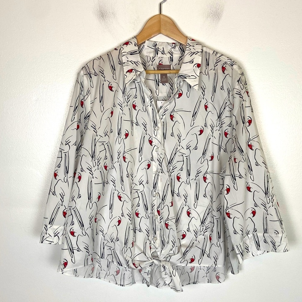 Chico's Amazon Parrots The Front Popover Top Size 4 US XXL Novelty Print Artsy